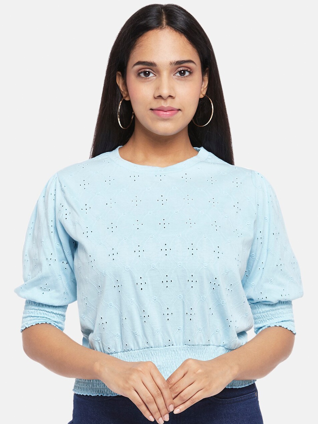 

People Blue Schiffli Cinched Waist Top