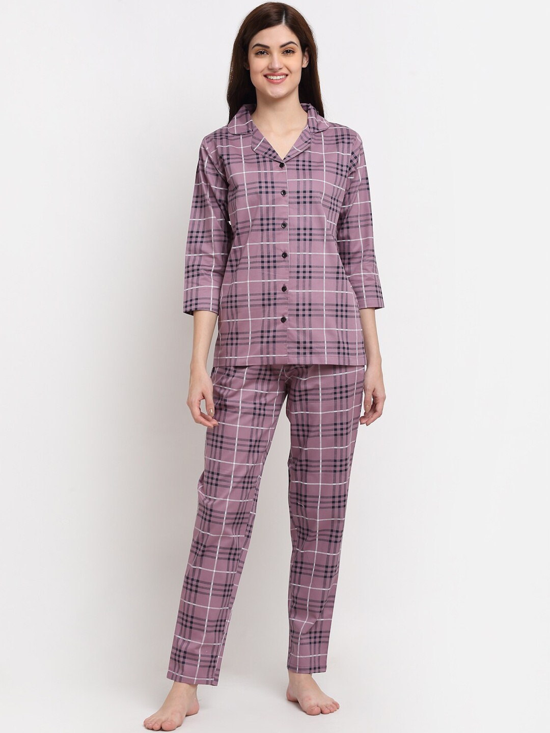 

Claura Women Purple & Black Checked Pure Cotton Night Suit