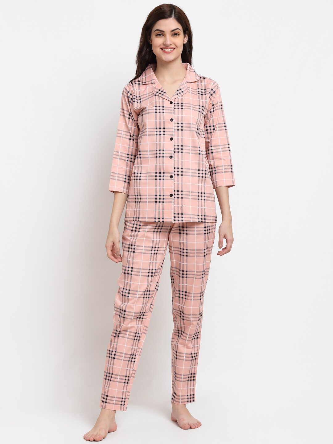 

Claura Women Peach-Coloured & Black Striped Night suit
