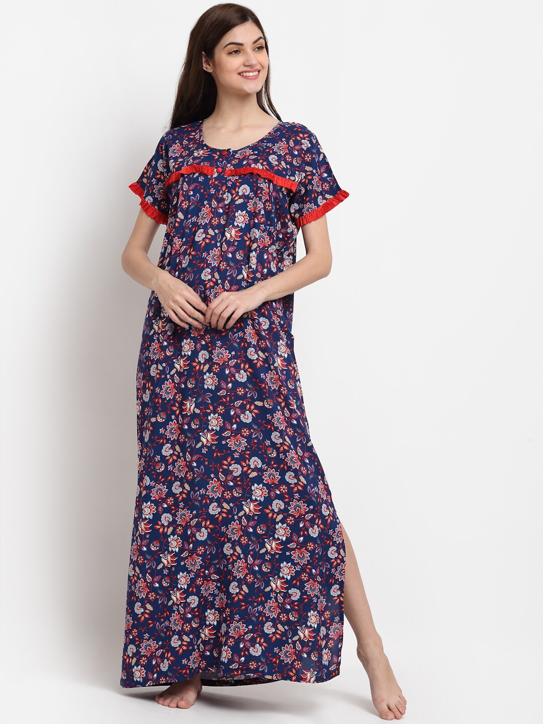 

Claura Women Navy Blue & Red Printed Maxi Nightdress