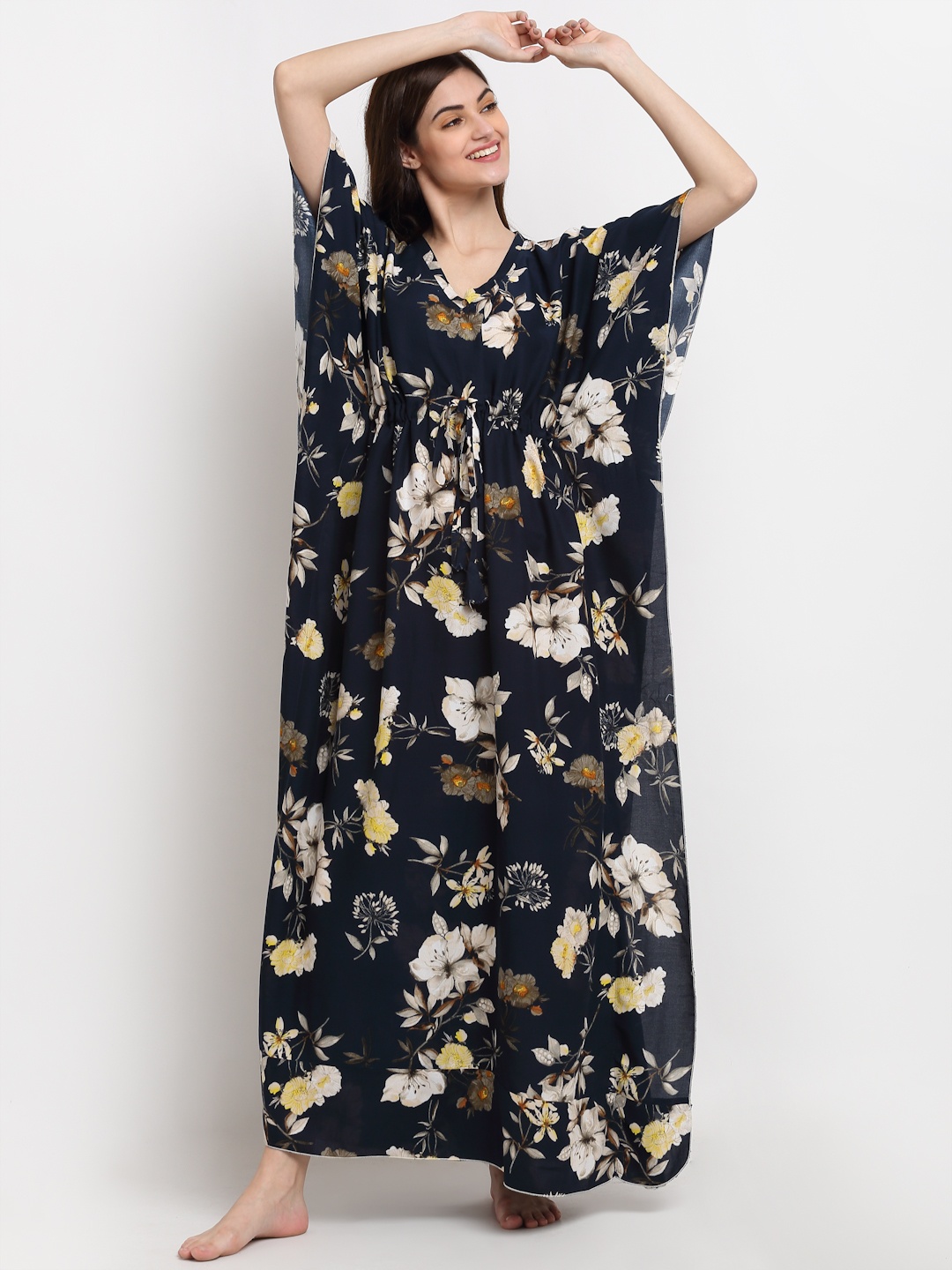 

Claura Navy Blue & Beige Floral Printed Maxi kaftan Nightdress