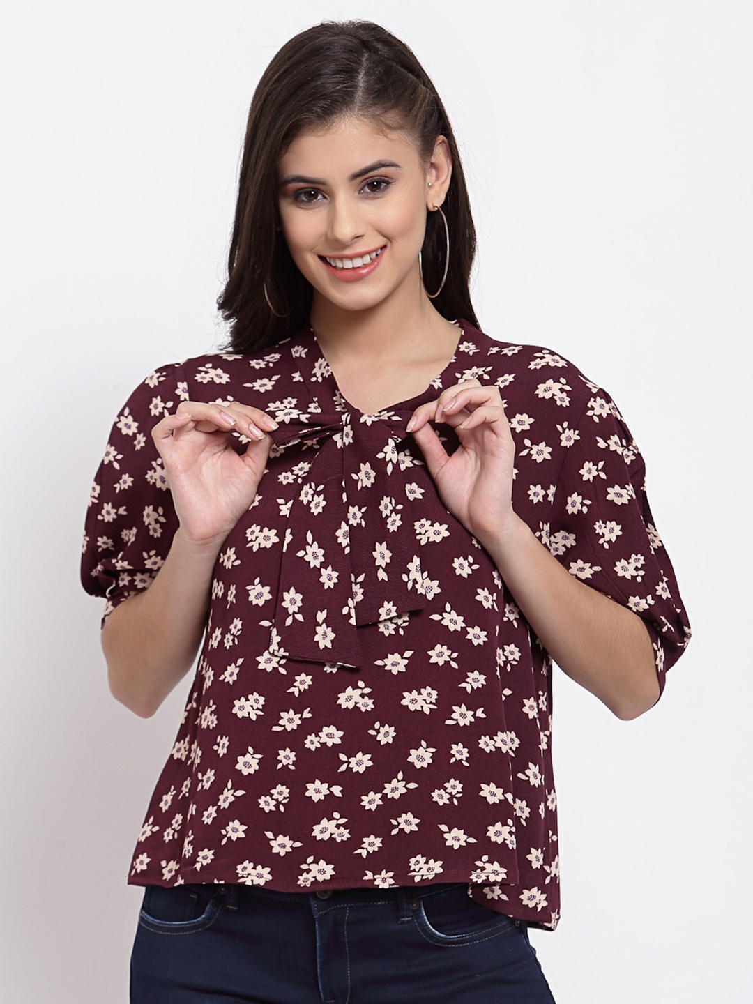 

Just Wow Women Maroon & White Floral Tie-Up Neck Regular Top