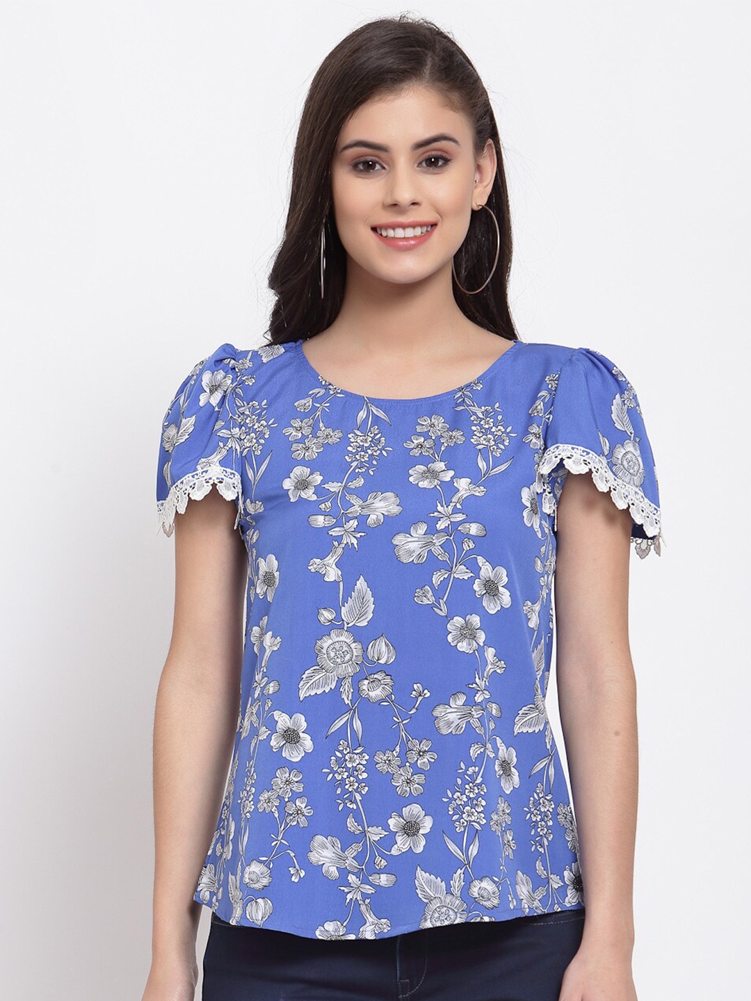 

Just Wow Blue Floral Crepe Regular Top