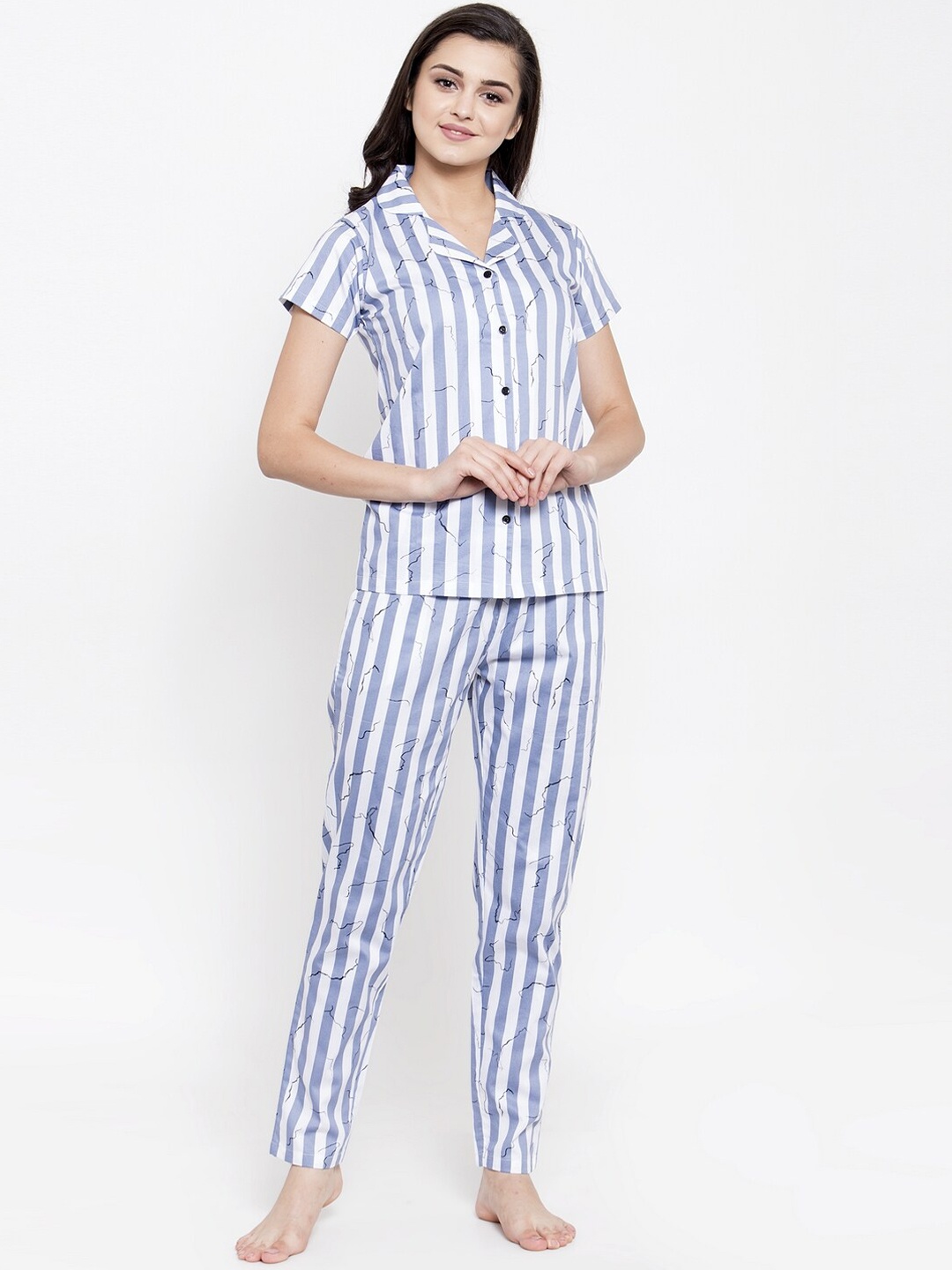 

Boston Club Women White & Blue Striped Night Suit