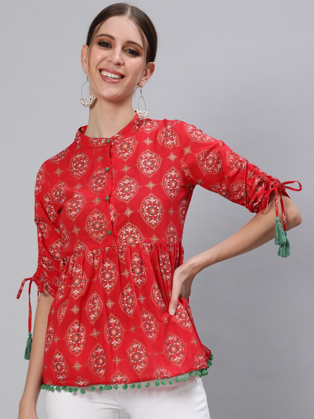 

Ishin Red Mandarin Collar Printed A-Line Top