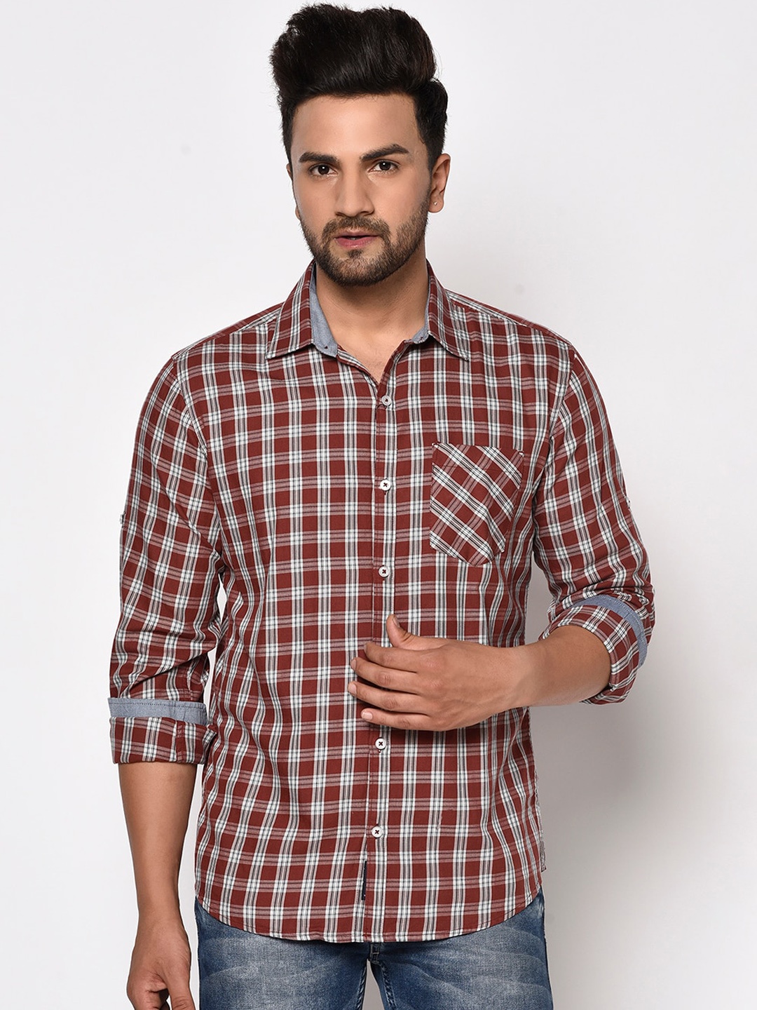 

METTLE Men Coral & White Checked Casual Shirt