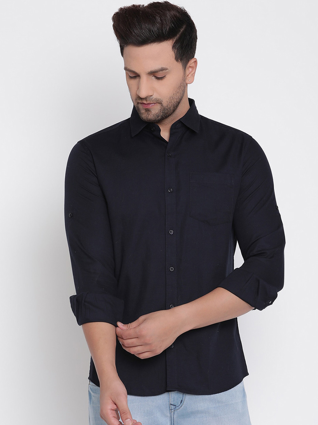 

METTLE Men Navy Blue Solid Casual Shirt