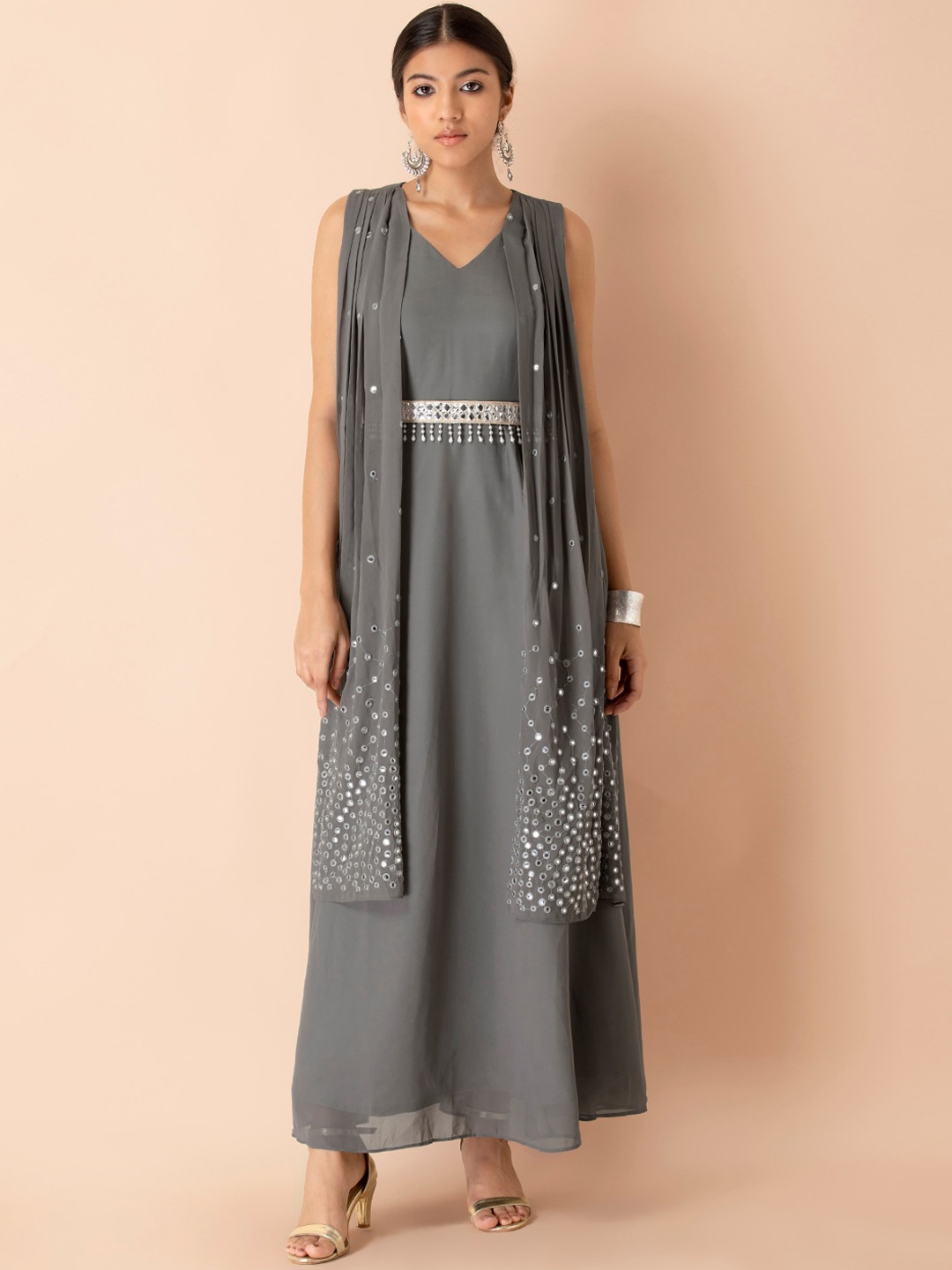 

INDYA Women Grey Mirror Embellished Layered Maxi Dress