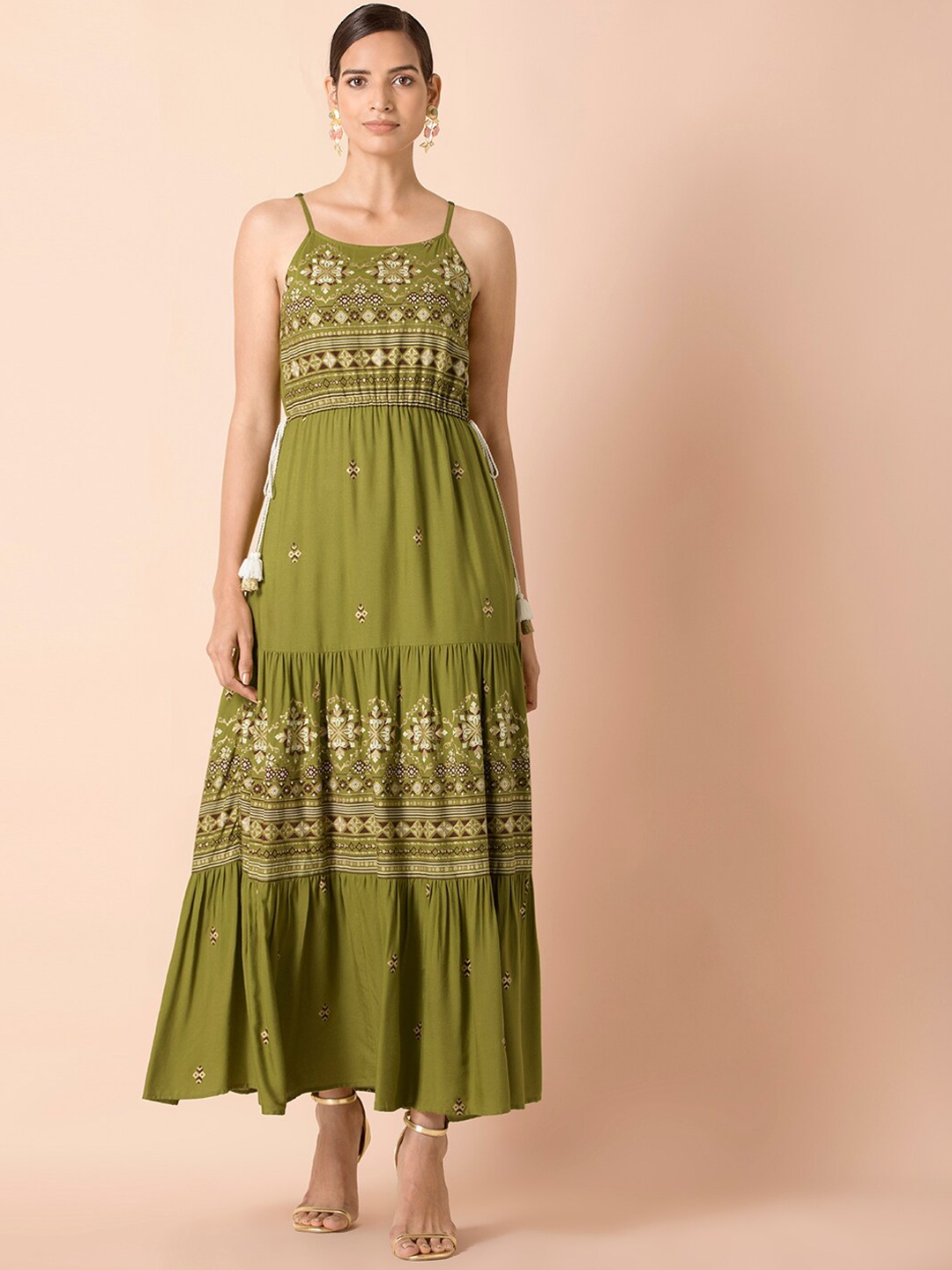 

INDYA Women Green & Off White Printed Strappy Tiered Maxi Dress