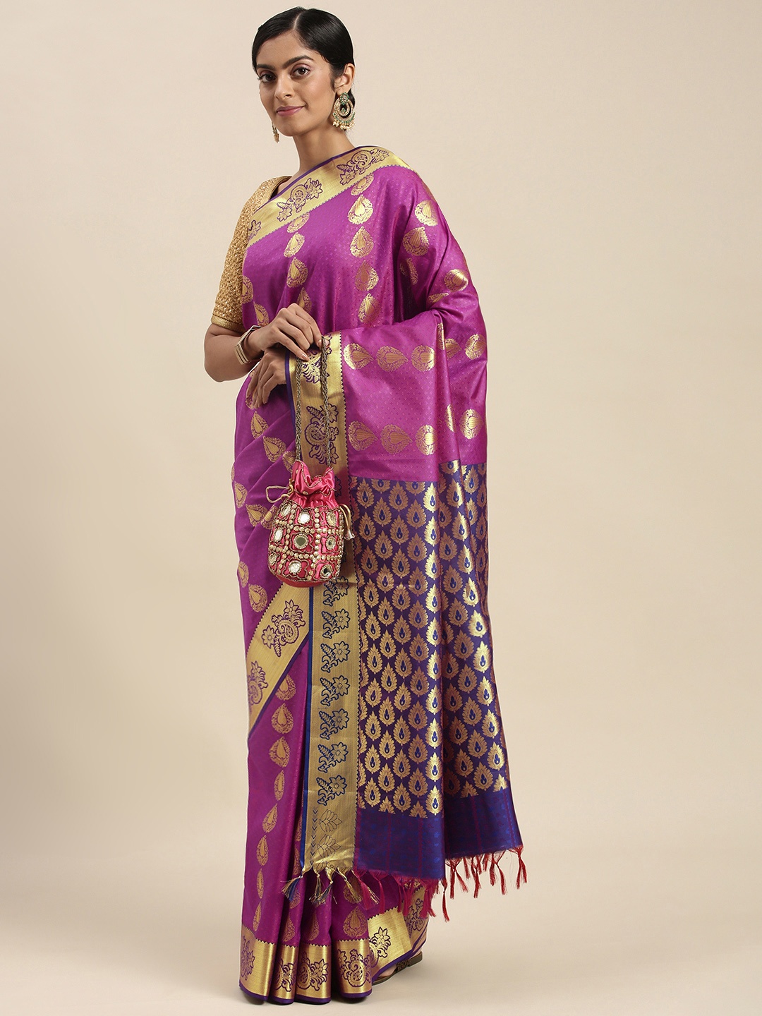 

Thara Sarees Violet & Golden Ethnic Motifs Zari Art Silk Kanjeevaram Saree