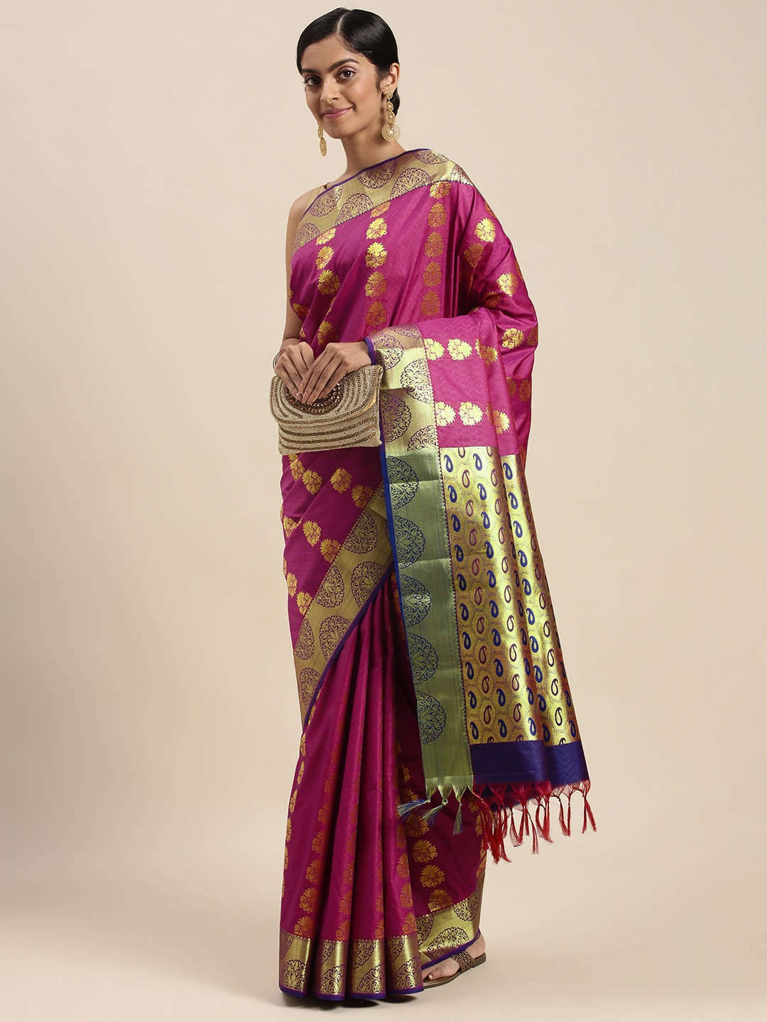 

Thara Sarees Magenta Pink & Golden Ethnic Motifs Zari Art Silk Kanjeevaram Saree