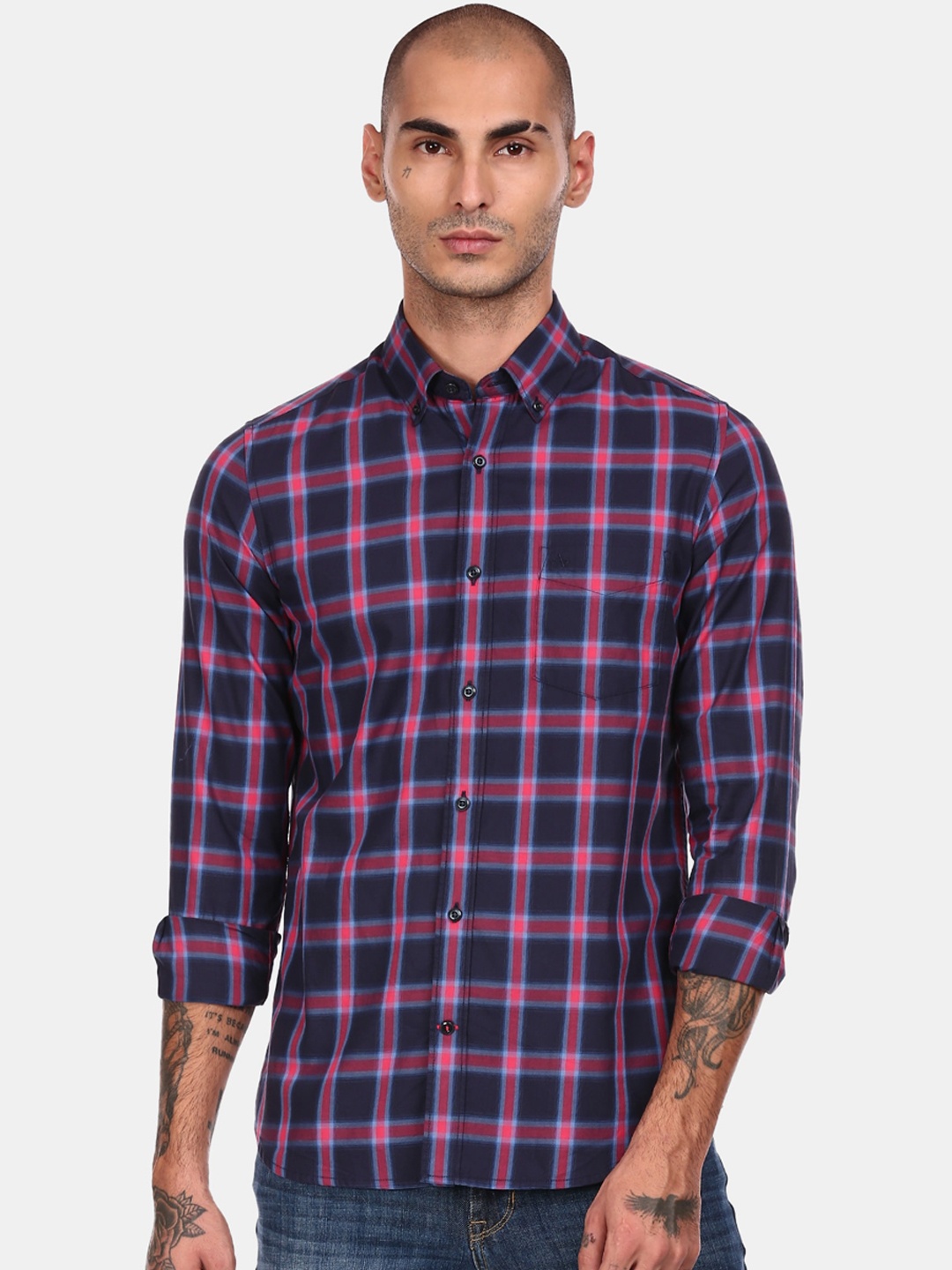 

Arrow Sport Men Blue & Pink Slim Fit Checked Cotton Casual Shirt