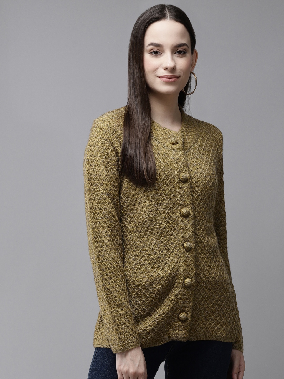 

Cayman Women Olive Green Self Design Woollen Cardigan