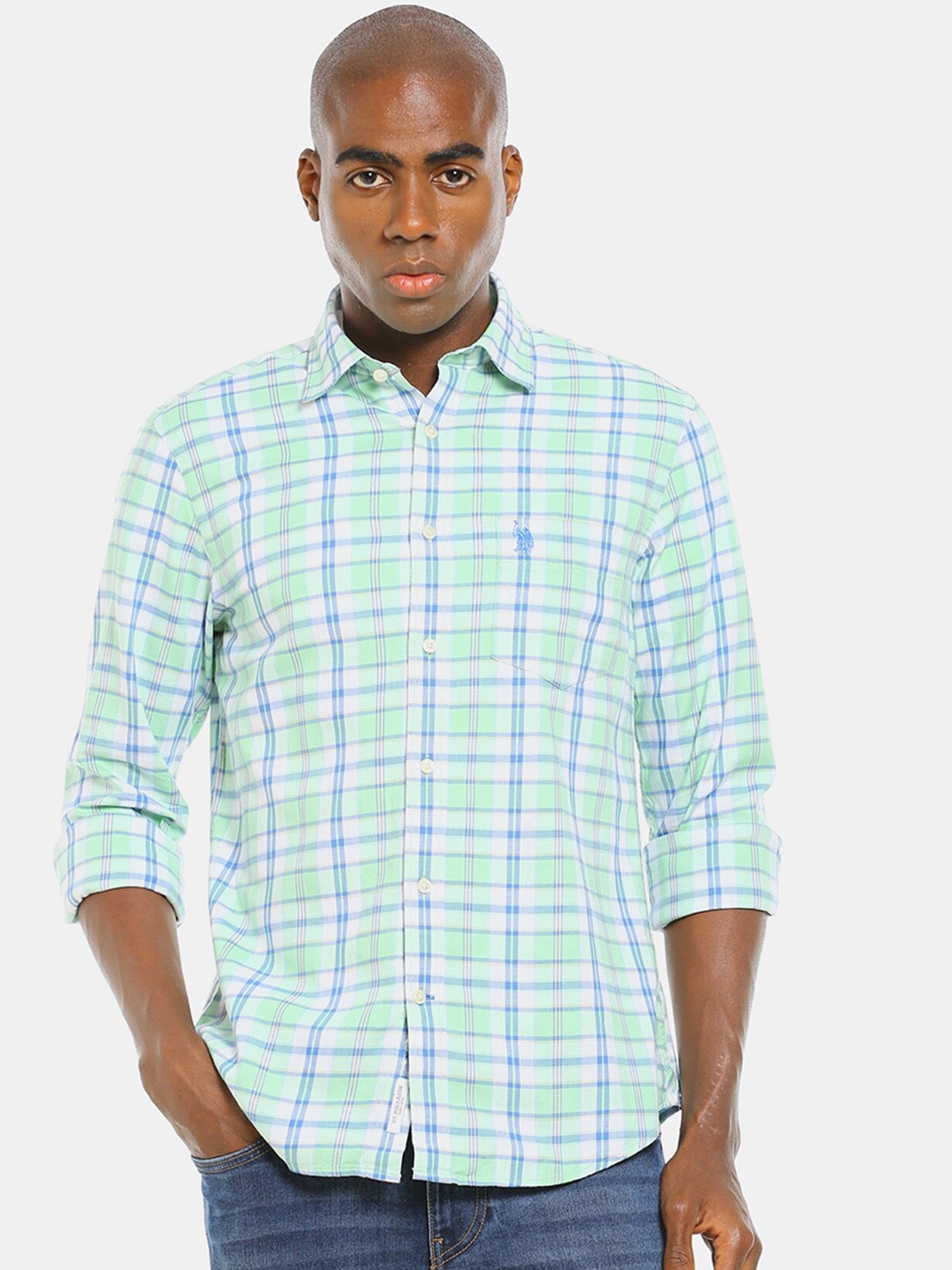 

U S Polo Assn Men Green & Blue Checked Cotton Casual Shirt