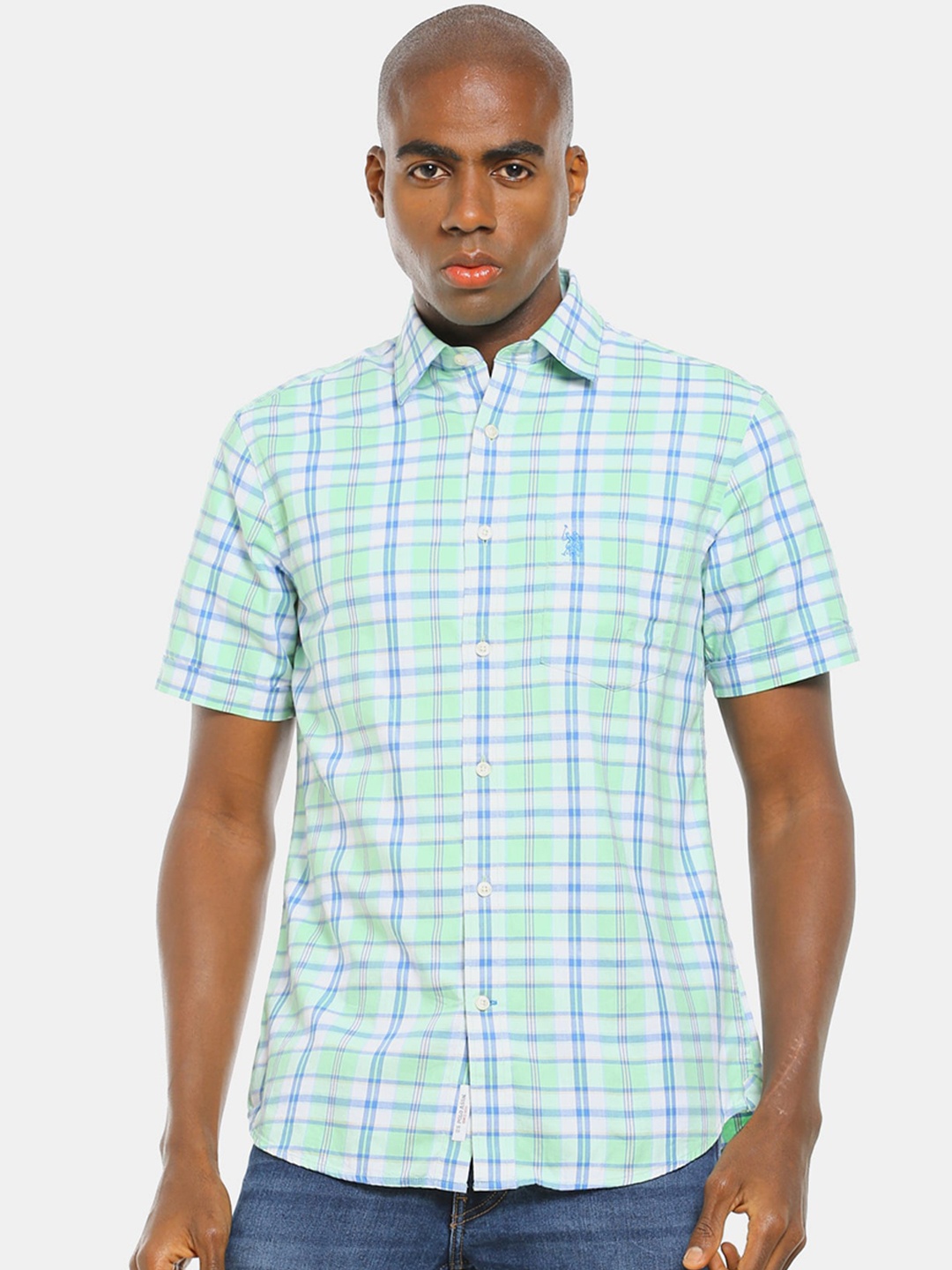 

U S Polo Assn Men Green & Blue Checked Cotton Casual Shirt