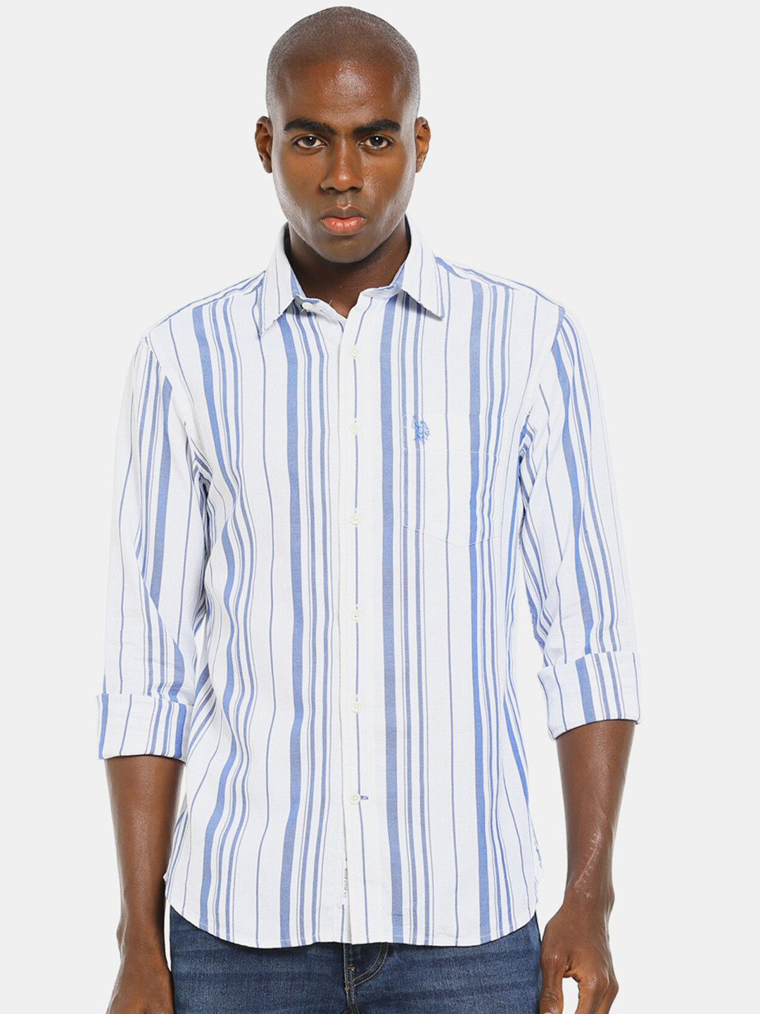 

U S Polo Assn Men Blue & White Striped Cotton Casual Shirt