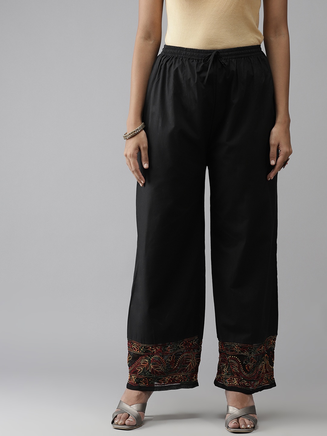 

ADA Women Black Ethnic Motifs Hem Design Handloom Palazzos