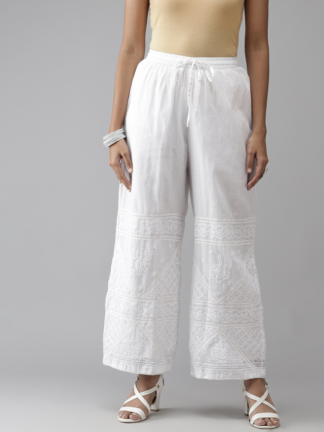 

ADA Women White Ethnic Motifs Embroidered Handloom Kota Palazzos