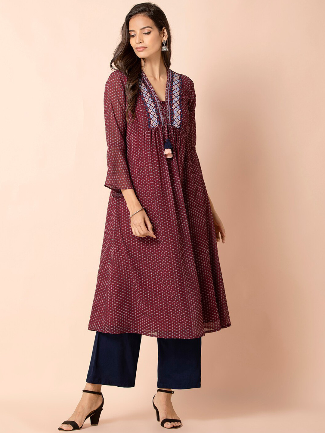 

INDYA Women Maroon Geometric Bell Sleeves A Line Kurta