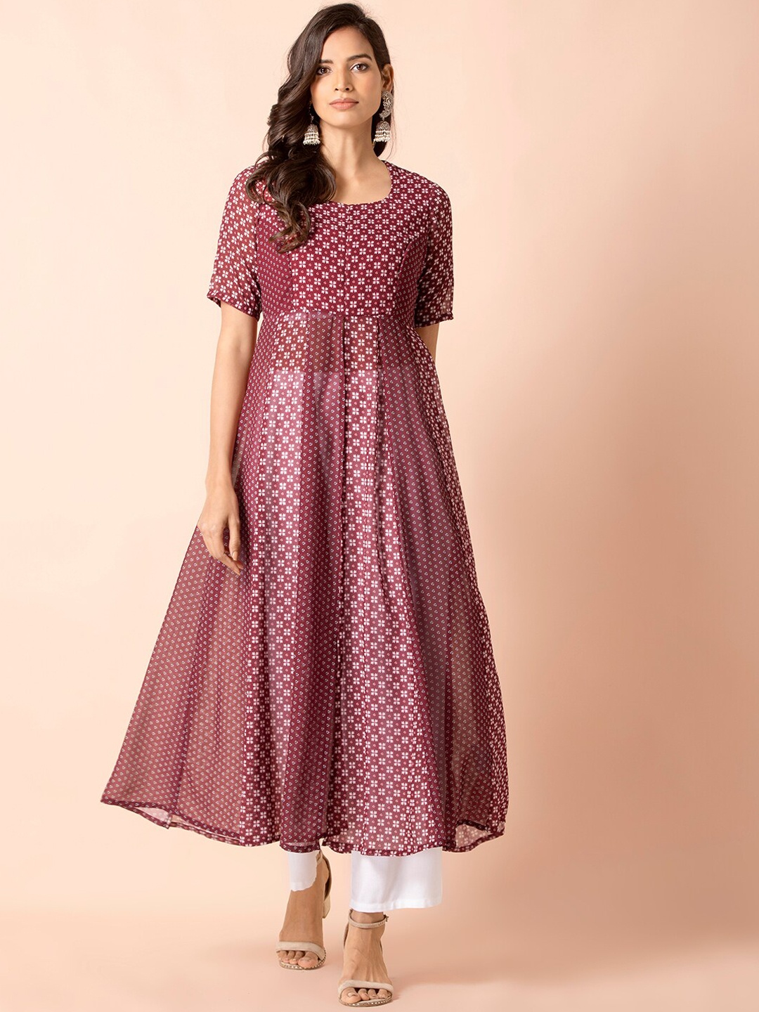 

INDYA Women Maroon & White Floral High Slit Printed Anarkali Kurta