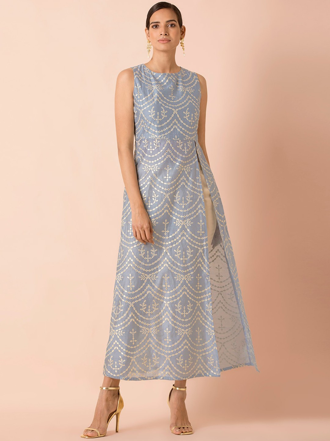 

INDYA Women Blue & Beige Printed High Slit Kurta