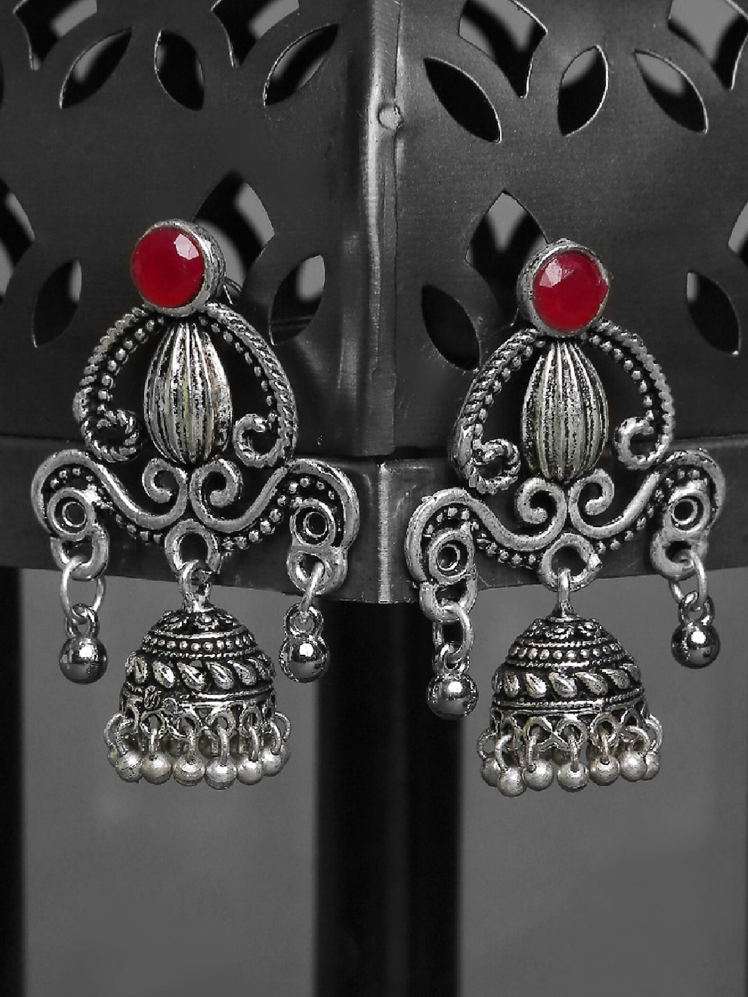 

OOMPH Silver-Toned & Maroon Contemporary Oxidised Jhumkas