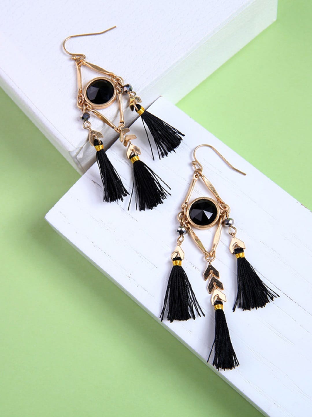 

OOMPH Black & Gold Contemporary Tasseled Drop Earrings