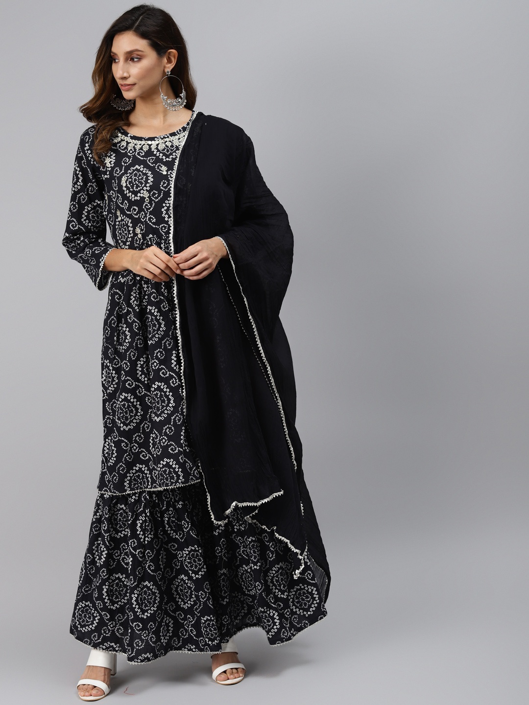 

Readiprint Fashions Women Black & White Bandhani Print Empire Kurta with Sharara & Dupatta