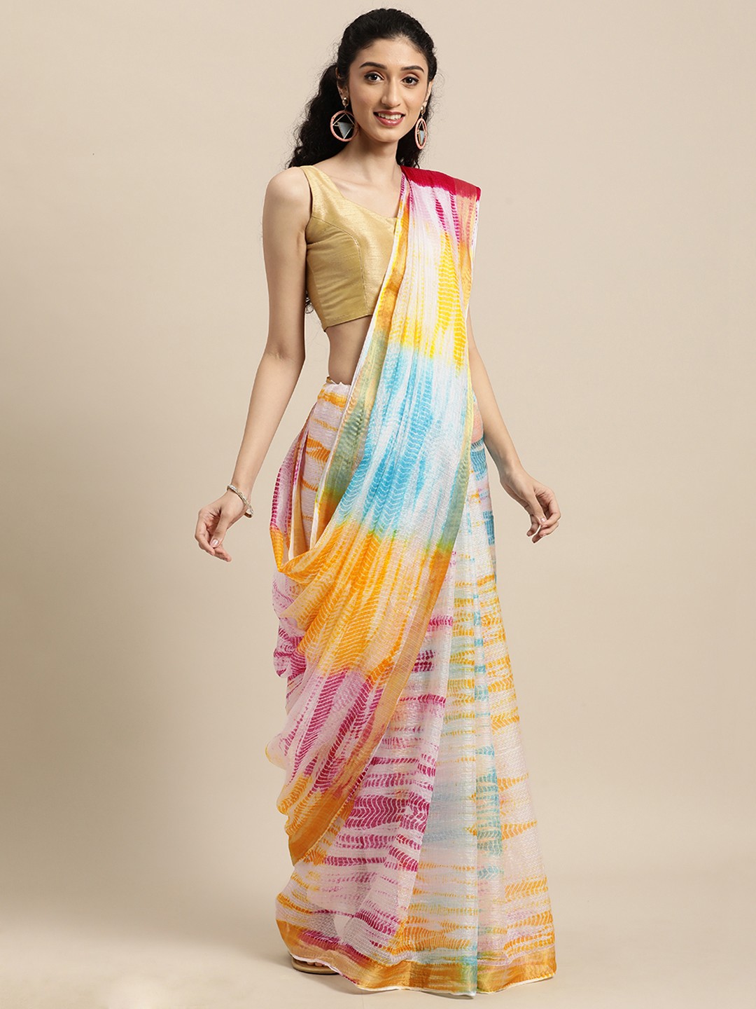 

Mitera Magenta Handcrafted Shibori Bandhani Kota Silk Saree, Multi