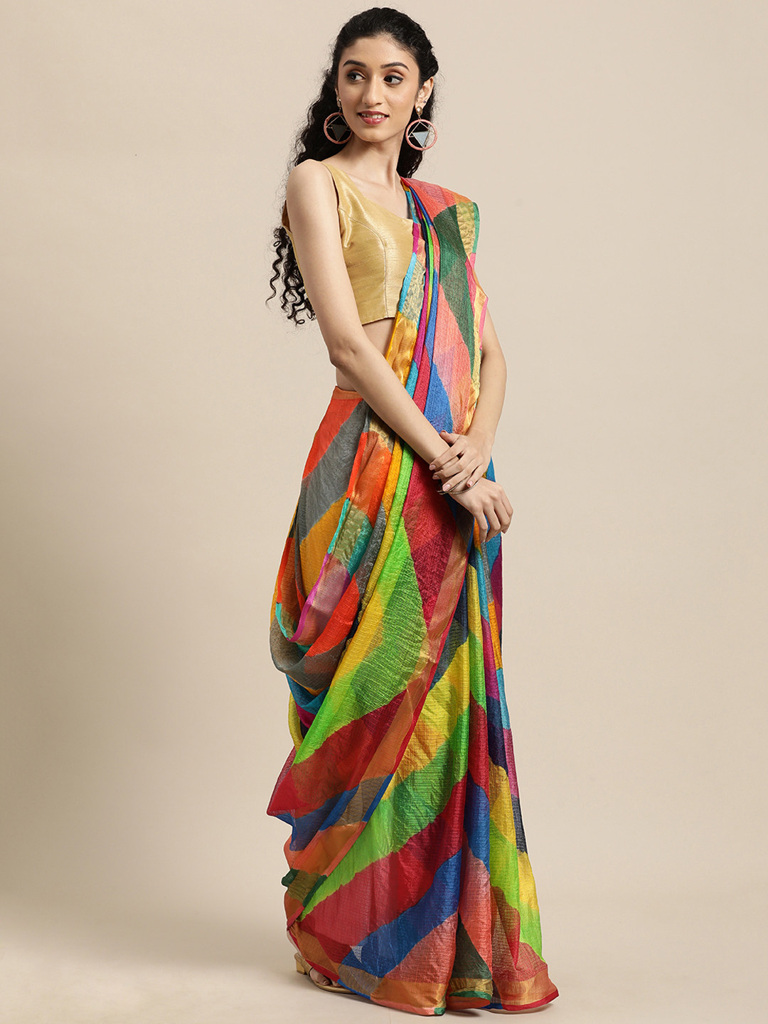 

Geroo Jaipur Multicoloured Leheriya Silk Cotton Handcrafted Saree, Multi