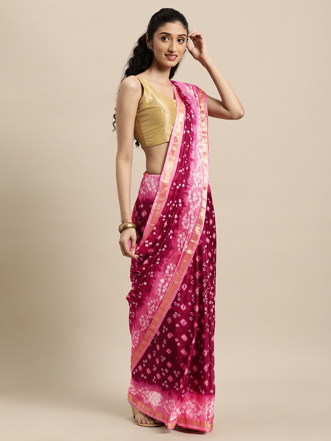 

Geroo Jaipur Maroon & Pink Bandhani Art Silk Handcrafted Saree