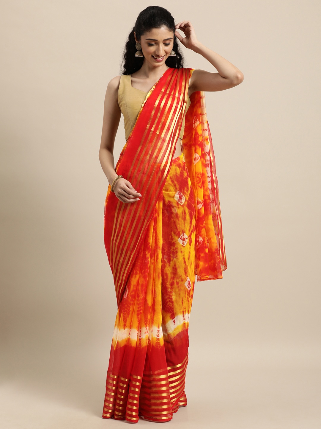 

Mitera Red & Yellow Bandhani Art Silk Handcrafted Saree