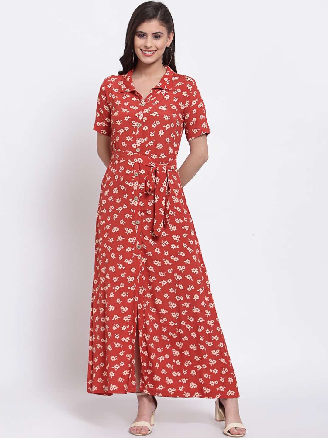 

Just Wow Women Rust & White Floral Maxi Dress