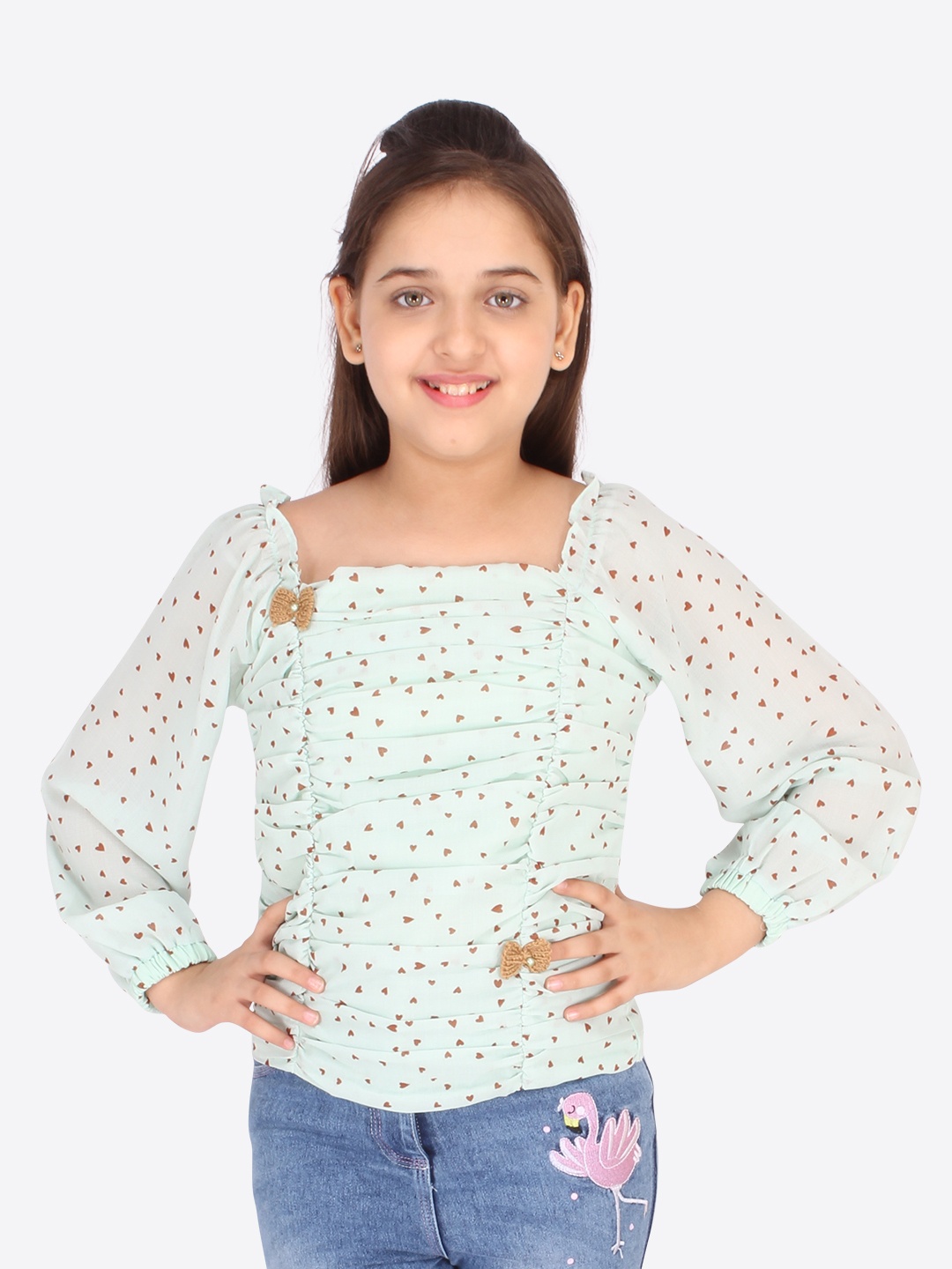

CUTECUMBER Green & Brown Georgette Regular Top