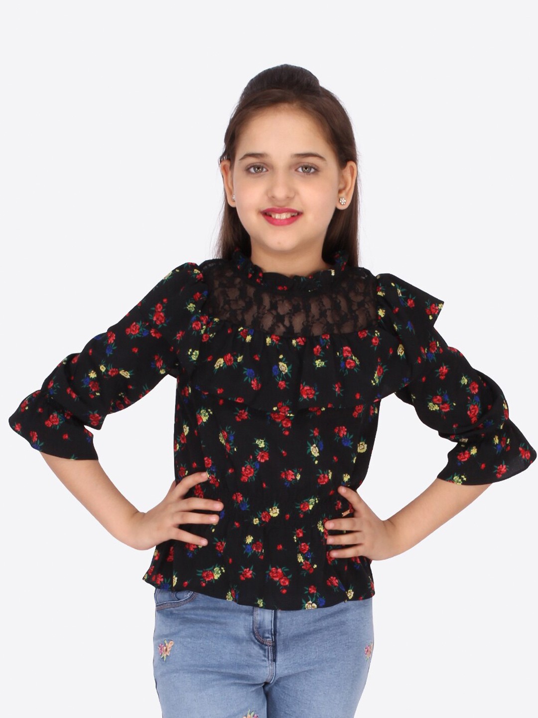 

CUTECUMBER Black & Red Floral Ruffles Cinched Waist Top
