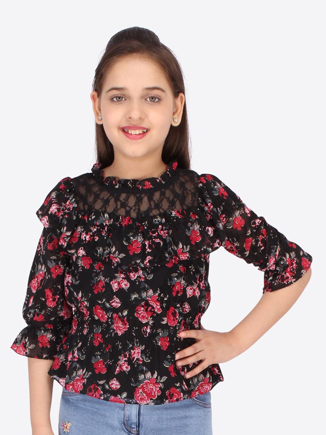 

CUTECUMBER Girls Black & Red Floral Chiffon Cinched Waist Top