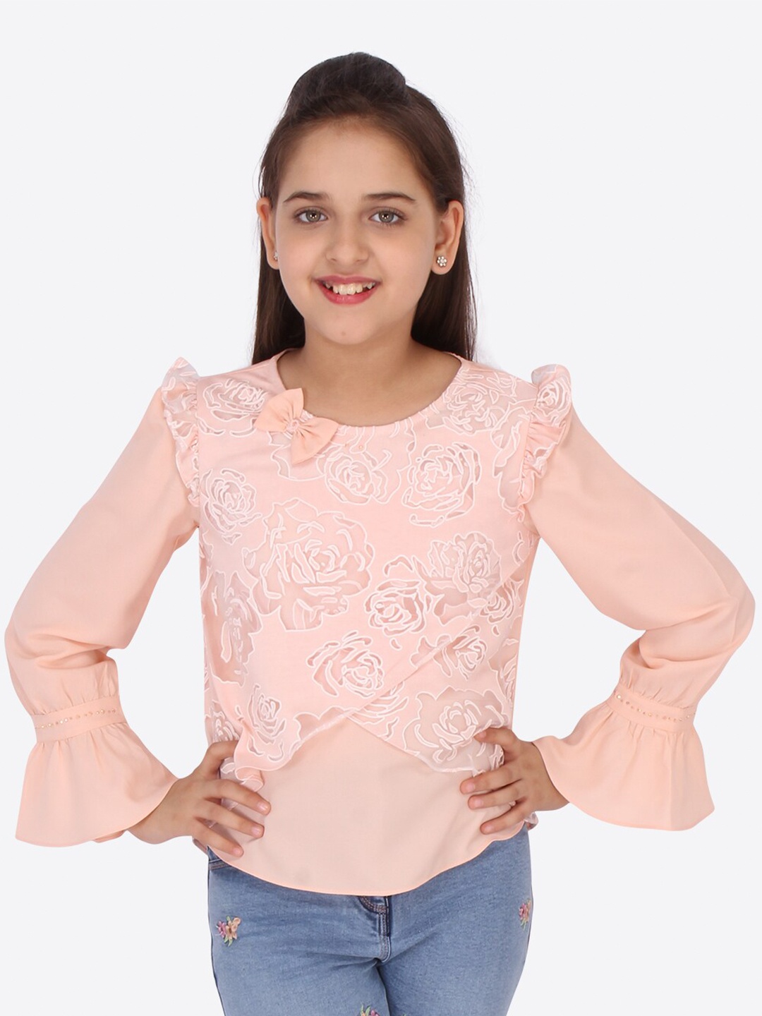 

CUTECUMBER Girls Peach-Coloured Georgette Regular Top