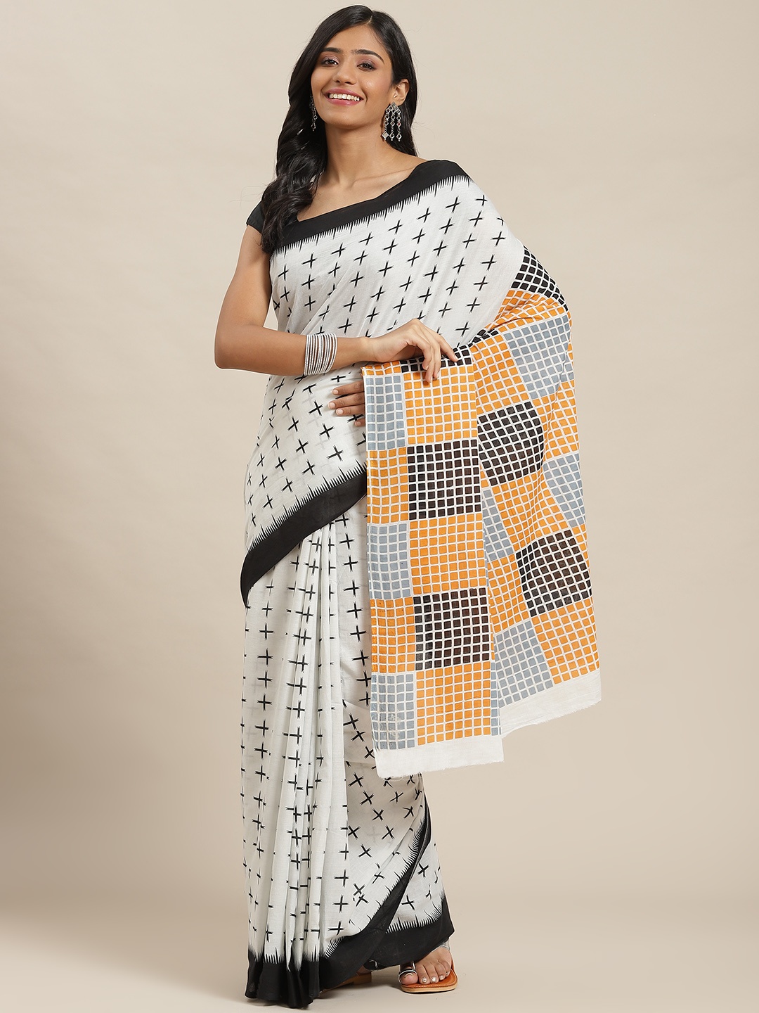 

Libas White & Black Printed Pure Cotton Saree