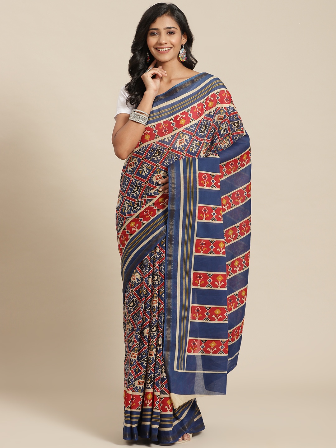 

Libas Navy Blue & Red Striped Pure Cotton Saree