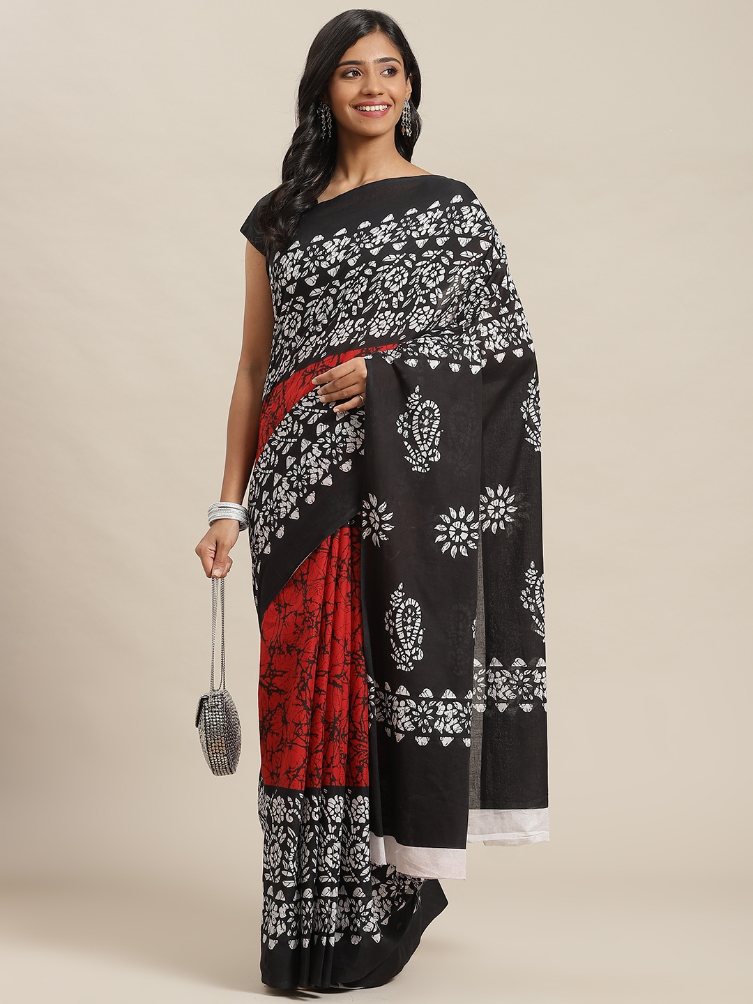 

Libas Red & Black Batik Pure Cotton Saree