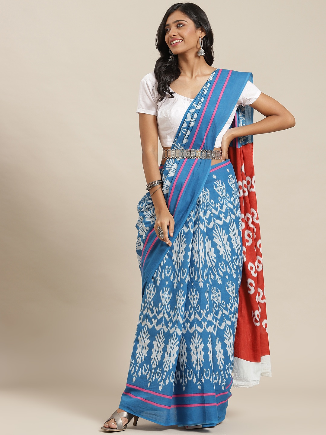 

Libas Turquoise Blue & Off White Ethnic Motifs Pure Cotton Saree