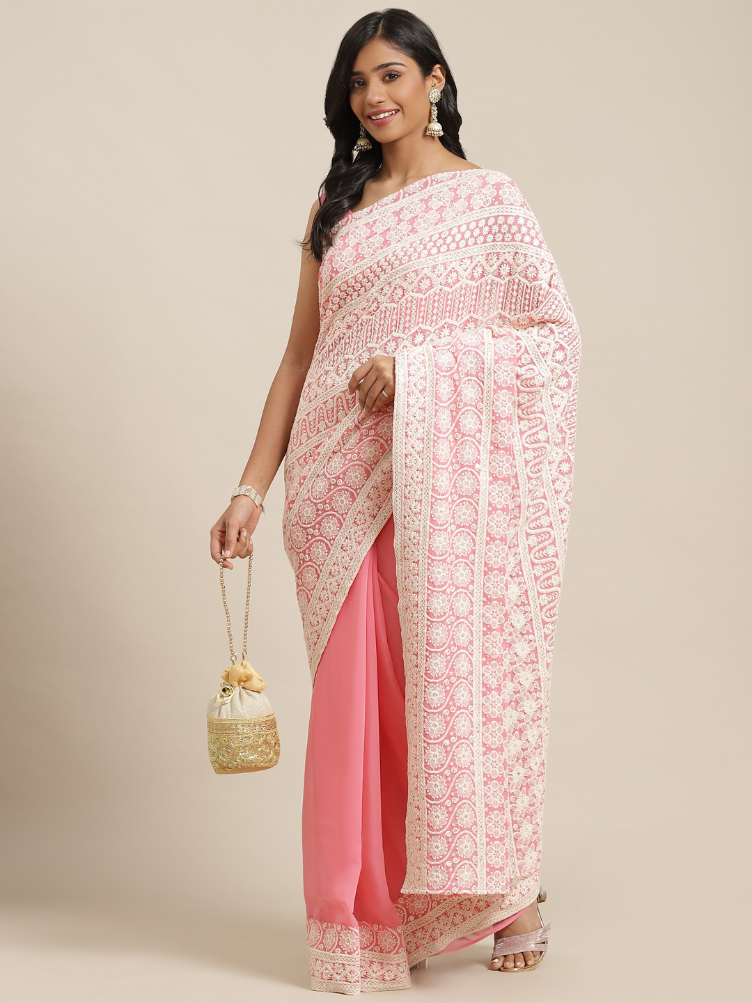 

Libas Pink & White Floral Embroidered Pure Georgette Saree