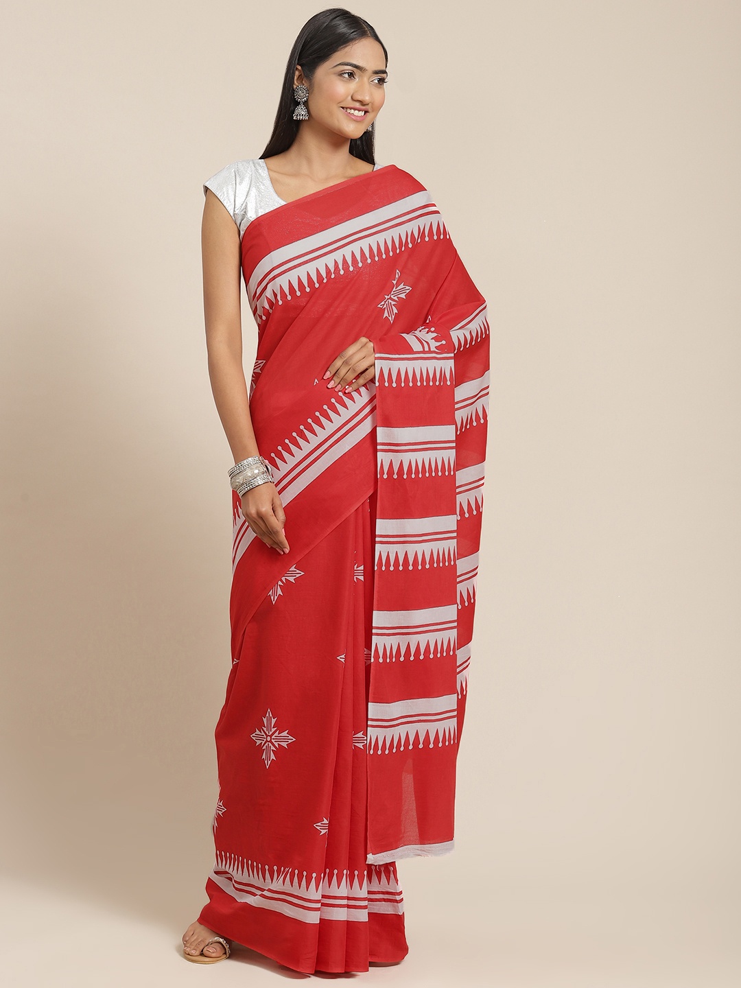 

Libas Red & White Ethnic Motifs Pure Cotton Saree