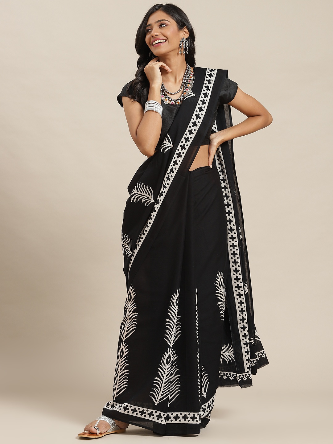 

Libas Navy Blue & White Ethnic Motifs Pure Cotton Saree