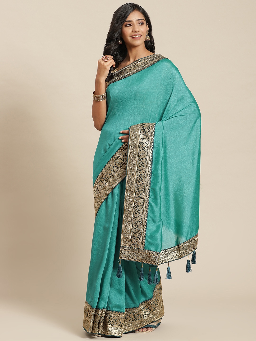 

Libas Turquoise Blue Silk Blend Saree