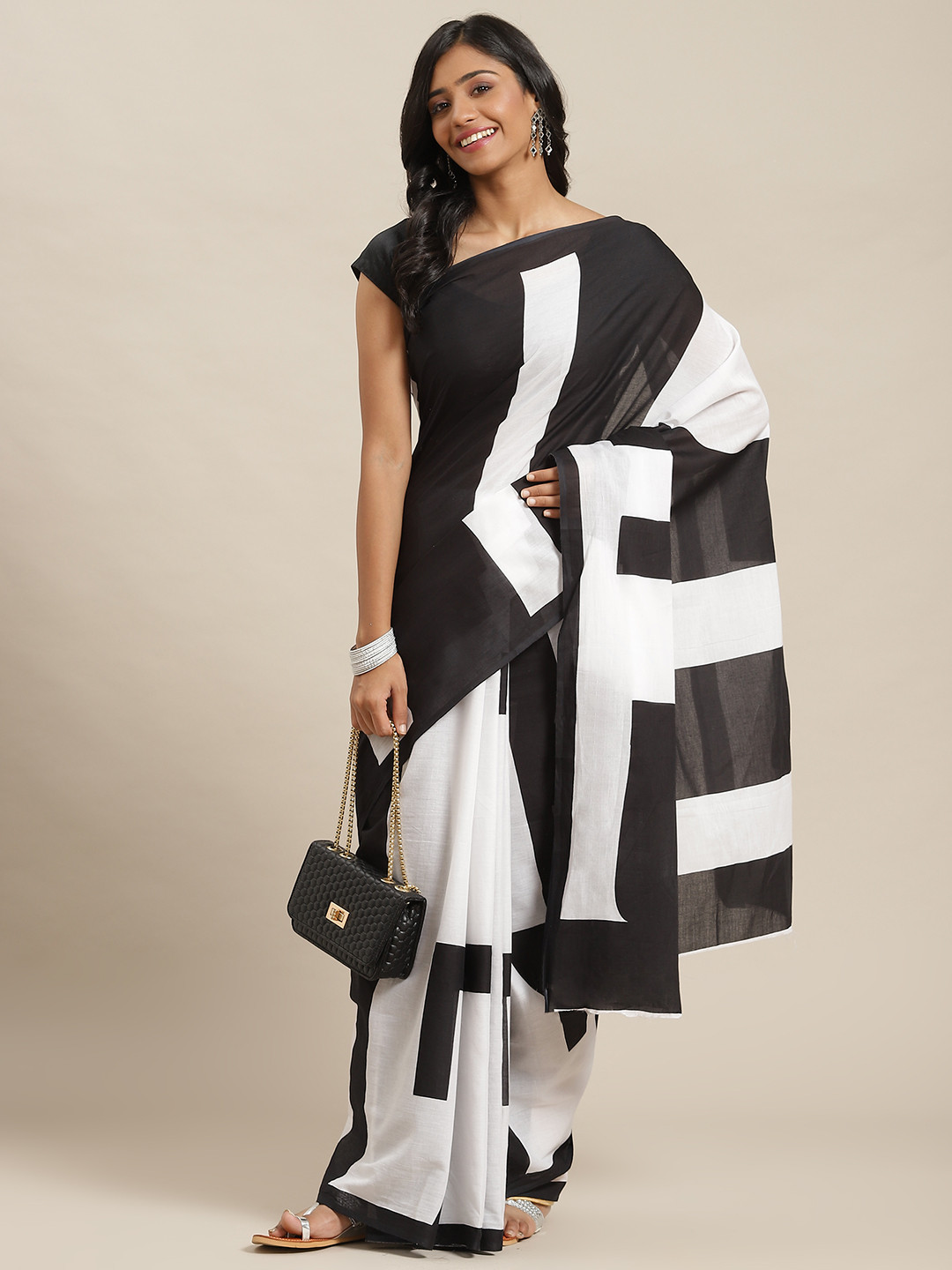 

Libas White & Black Colourblocked Pure Cotton Saree