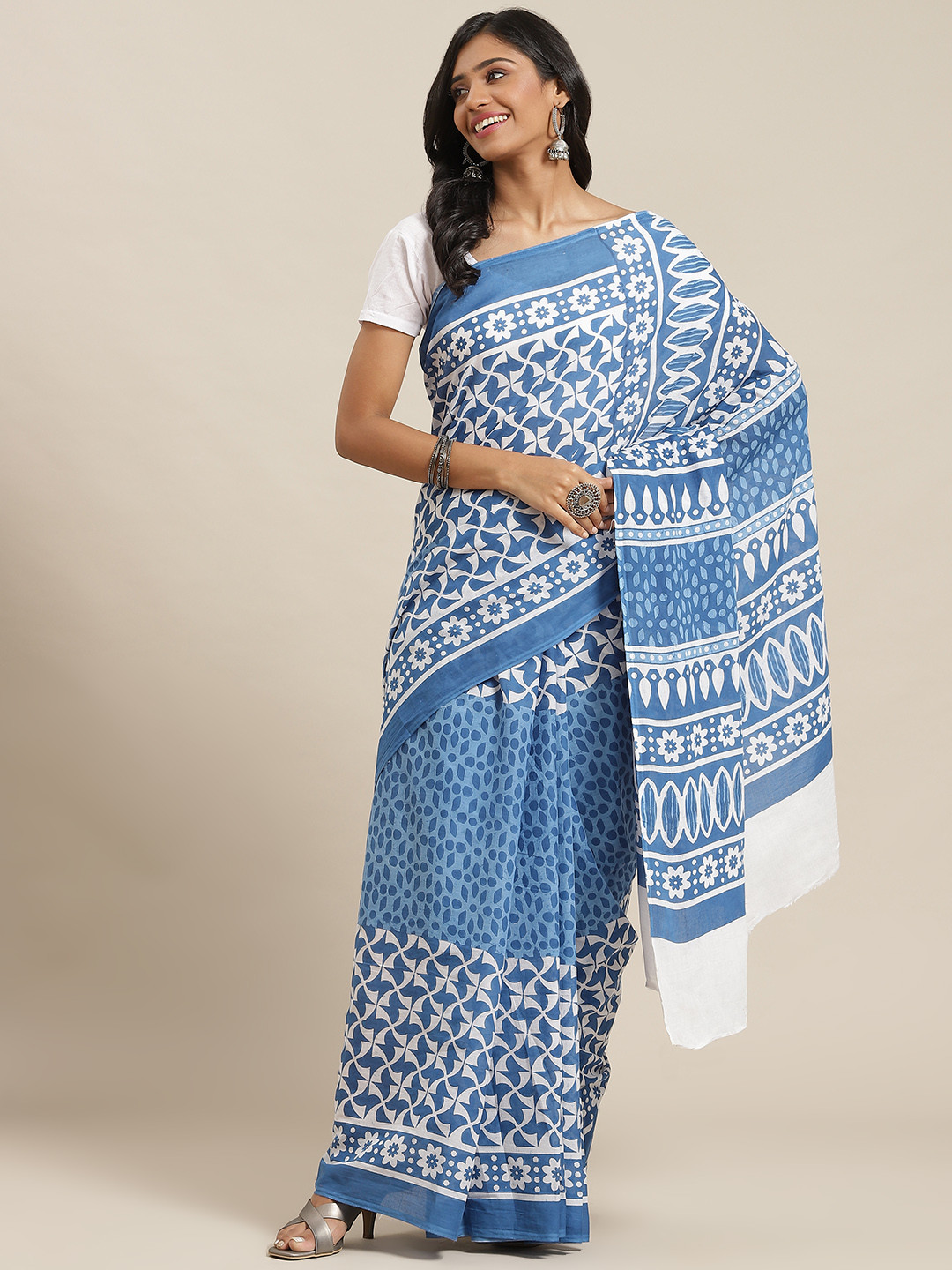 

Libas Blue & White Ethnic Motifs Pure Cotton Saree