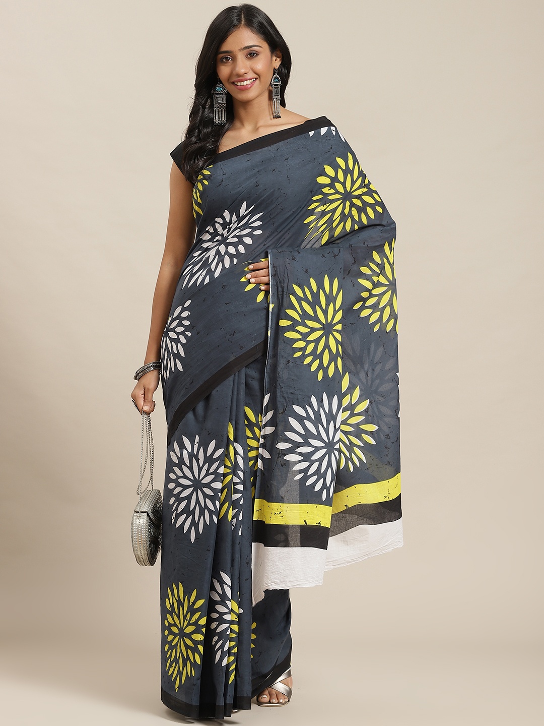 

Libas Grey & Yellow Floral Pure Cotton Saree