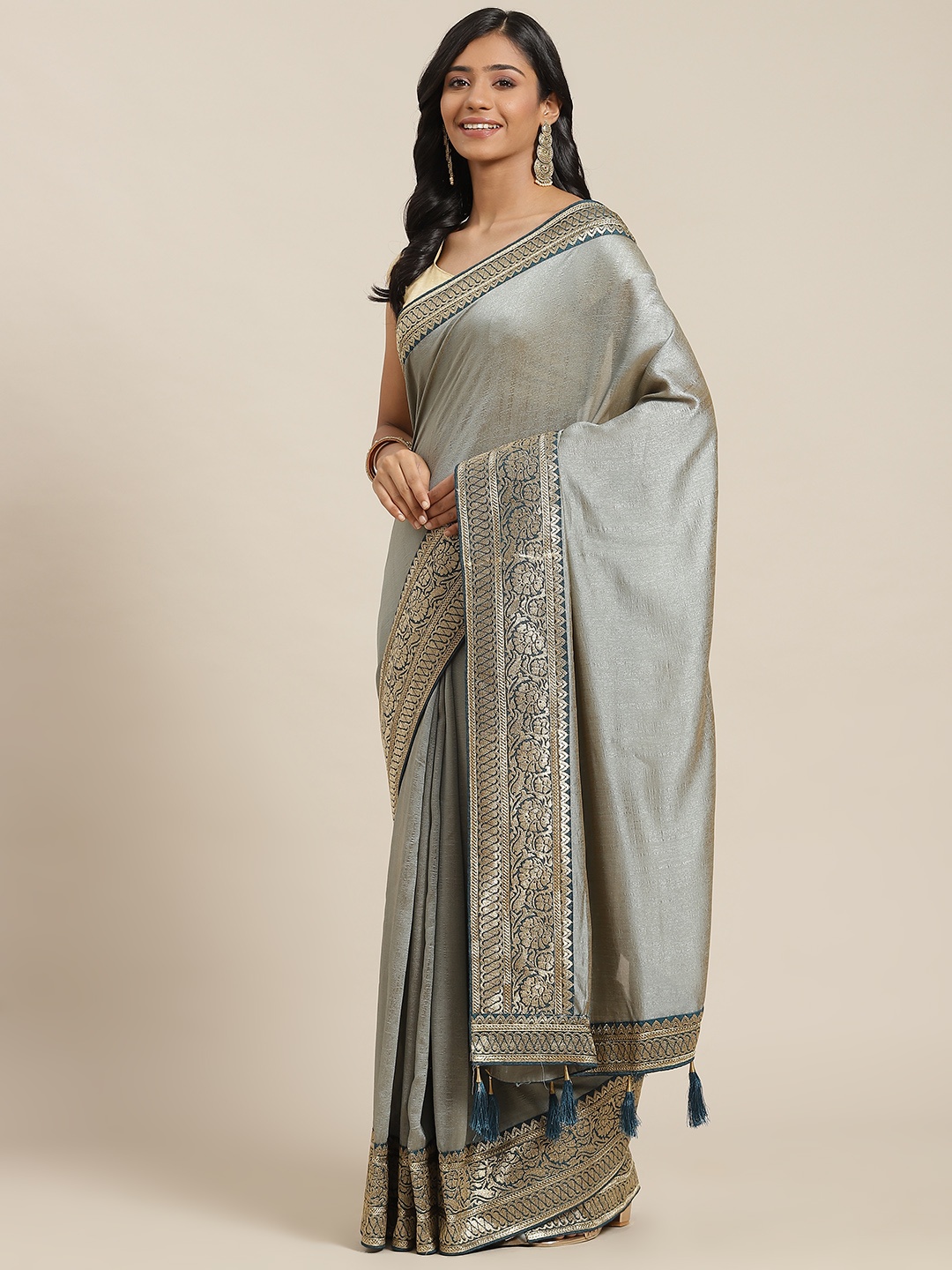 

Libas Grey Silk Blend Saree With Woven Design Blouse Piece