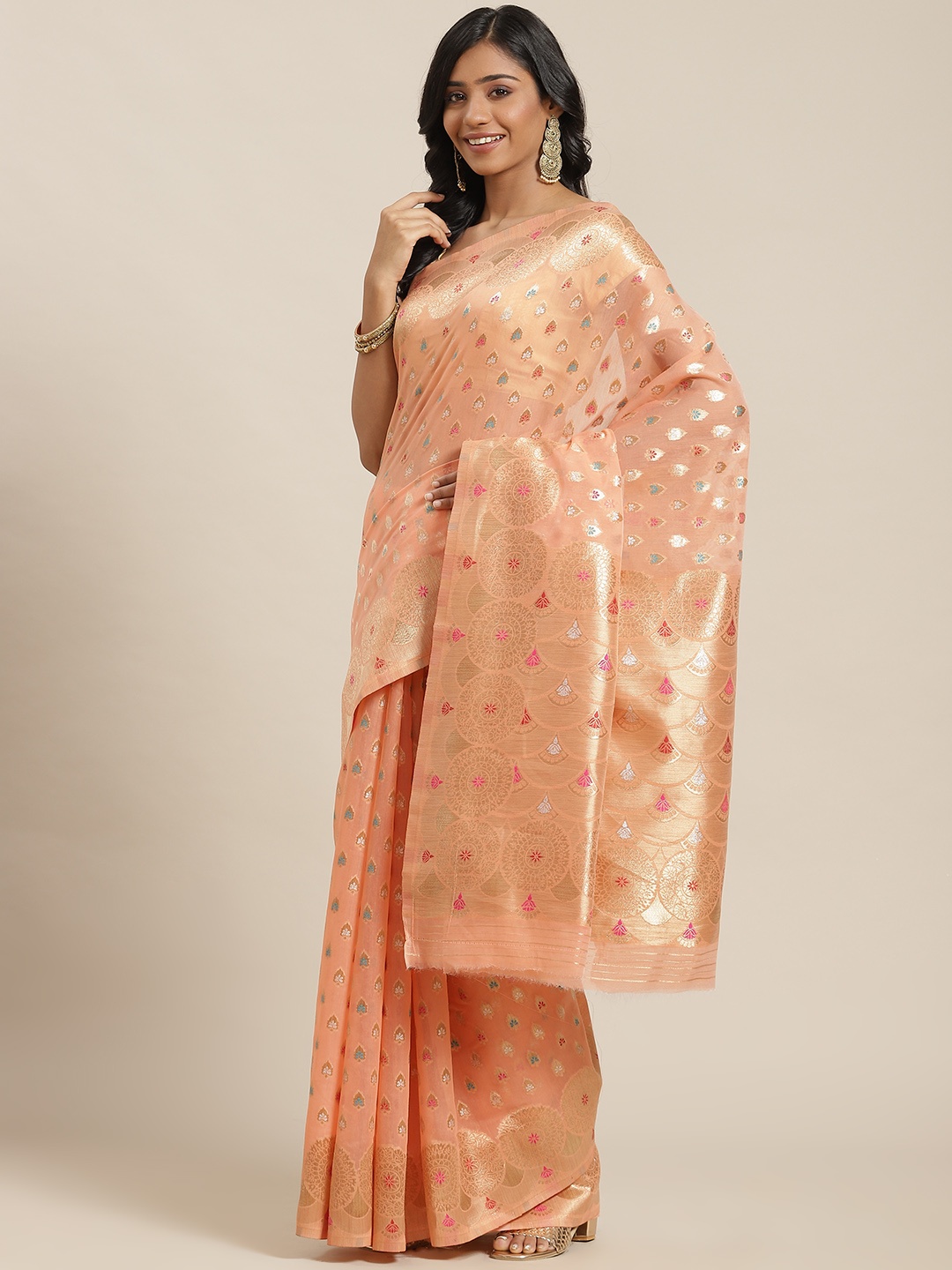 

Libas Peach-Coloured Ethnic Motifs Brocade Saree